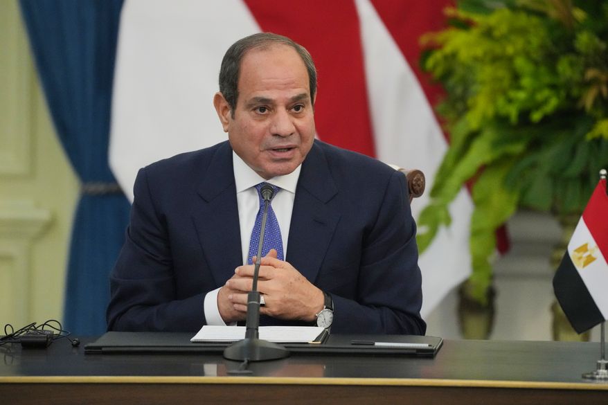 Egypt's President Abdel-Fattah el-Sissi speaks during a joint press conference with his Indonesian counterpart Prabowo Subianto following their meeting at Merdeka Palace in Jakarta, Indonesia, Sunday, Oct. 11, 2026. (AP Photo/Tatan Syuflana)