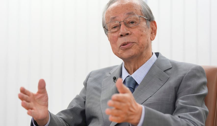 Yasuo Fukuda, former Prime Minister of Japan, speaks during an interview with the Associated Press at his office on Sept. 21, 2022, in Tokyo. (AP Photo/Eugene Hoshiko, File)