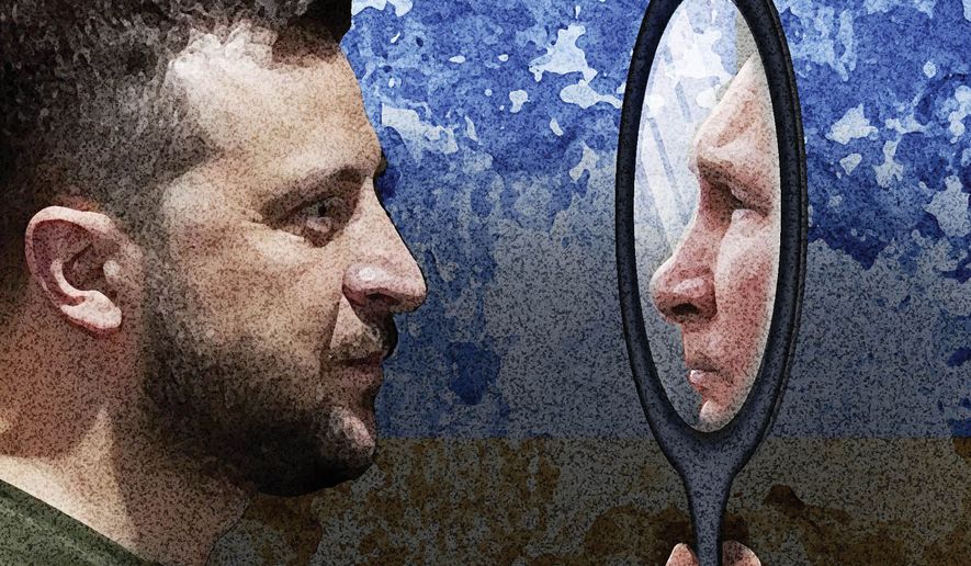 Ukrainian President Volodymyr Zelenskyy and Russian President Vladimir Putin illustration by Alexander Hunter/The Washington Times
