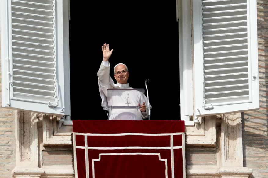 Pope Leo XIV delivers the Angelus noon prayer in St. Peter's Square, at the Vatican, Sunday, Oct. 25, 2026. (AP Photo/Gregorio Borgia)