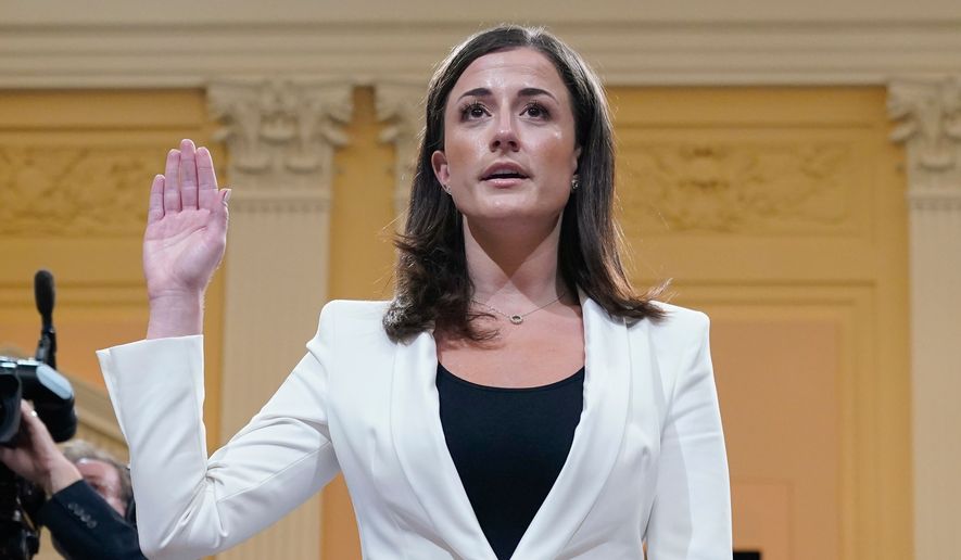 Cassidy Hutchinson, former aide to Trump White House chief of staff Mark Meadows, is sworn in before she testifies before the House select committee investigating the Jan. 6 attack, at the Capitol in Washington, June 28, 2022. (AP Photo/Jacquelyn Martin, File)