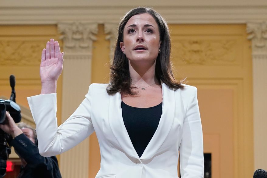 Cassidy Hutchinson, former aide to Trump White House chief of staff Mark Meadows, is sworn in before she testifies before the House select committee investigating the Jan. 6 attack, at the Capitol in Washington, June 28, 2022. (AP Photo/Jacquelyn Martin, File)