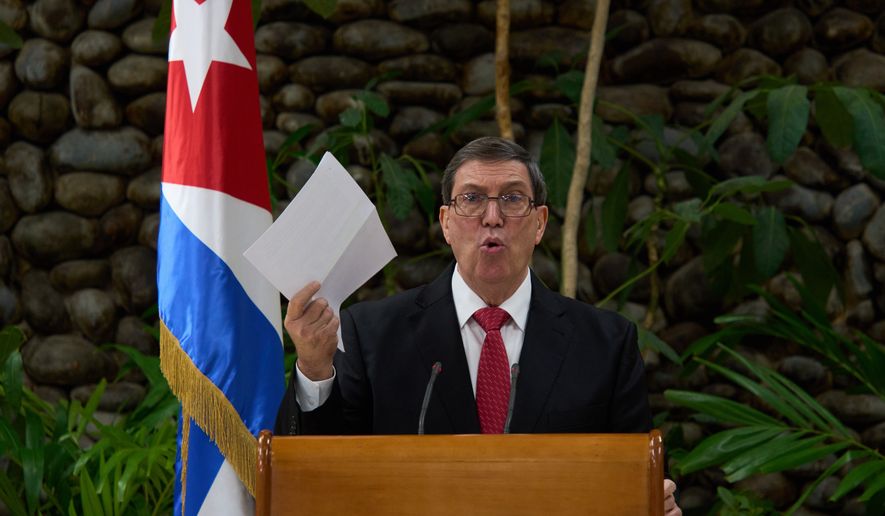 Cuban Foreign Minister Bruno Rodriguez gives a news conference regarding the U.S embargo in Havana, Wednesday, Oct. 21, 2026. (AP Photo/Ramon Espinosa)