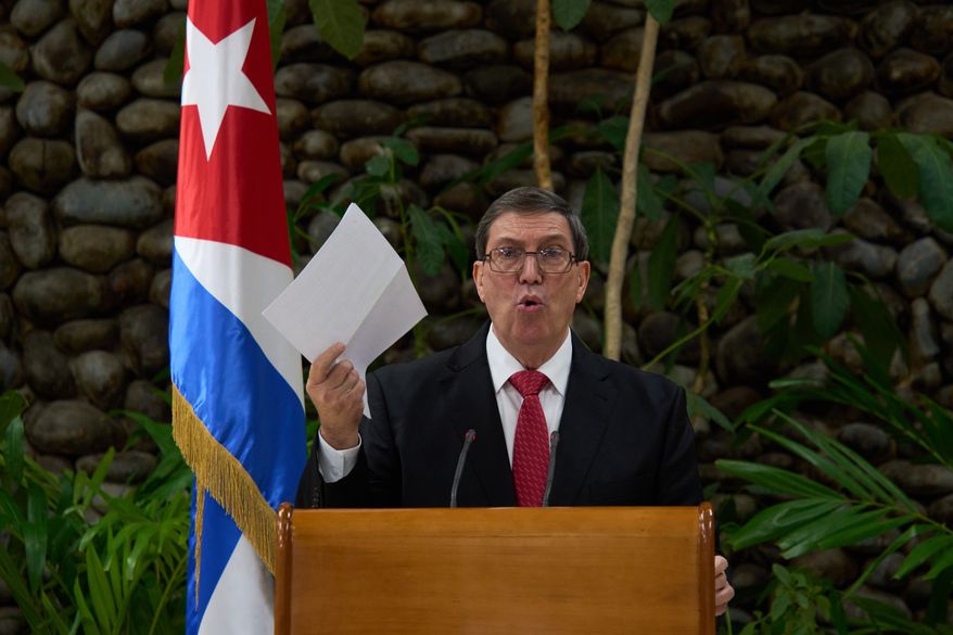 Cuban Foreign Minister Bruno Rodriguez gives a news conference regarding the U.S embargo in Havana, Wednesday, Oct. 21, 2026. (AP Photo/Ramon Espinosa)