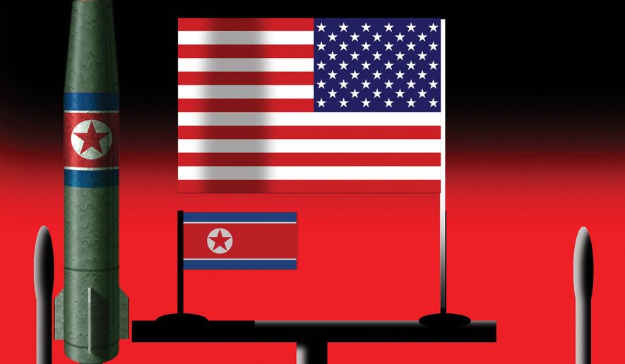 The United States of America and North Korea nuclear weapon negotiations illustration by Alexander Hunter/The Washington Times