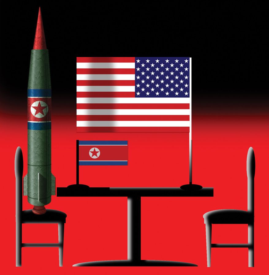 The United States of America and North Korea nuclear weapon negotiations illustration by Alexander Hunter/The Washington Times