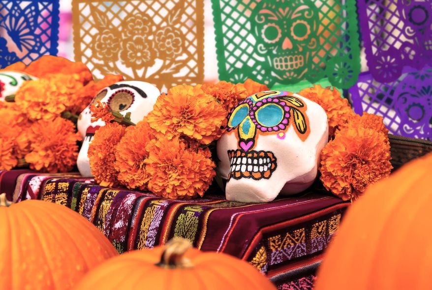 This image provided by the New York Botanical Garden shows a bright marigolds and painted decorative skulls displayed on an alter during the site's Dia de los Muertos celebration in the Bronx borough of New York. (New York Botanical Garden via AP)