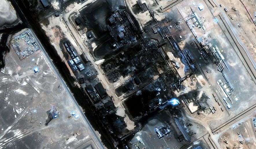 FILE - This satellite image provided by Vantor on Sept. 13, 2026 shows the aftermath of the recent drone attack on the East-West pipeline in Saudi Arabia. (Satellite image ©2026 Vantor via AP, File)