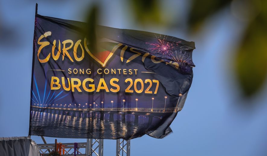 An Eurovision flag flies at the port of Burgas, on Bulgaria's Black Sea coast, which will host the 71st Eurovision Song Contest in 2027, Friday, Aug. 14, 2026. (AP Photo/Valentina Petrova, File)