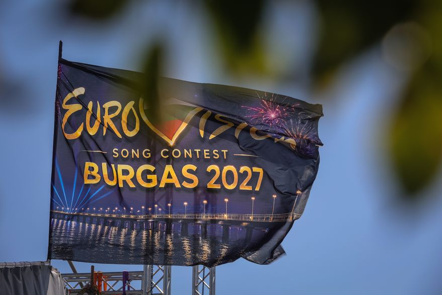 An Eurovision flag flies at the port of Burgas, on Bulgaria's Black Sea coast, which will host the 71st Eurovision Song Contest in 2027, Friday, Aug. 14, 2026. (AP Photo/Valentina Petrova, File)