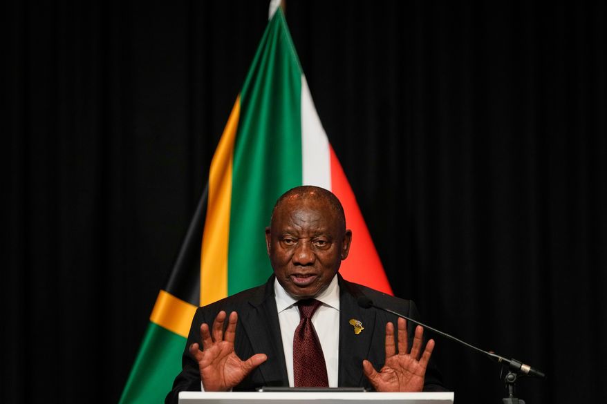FILE - South African President Cyril Ramaphosa address the media with EU leaders in Johannesburg, South Africa, Thursday, Nov. 20, 2025. (AP Photo/Themba Hadebe, file)