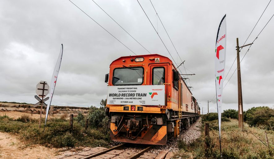 In this photo provided by the Transnet Freight Rail, a freight train that claims to be the longest in the world is seen in Saldanha Bay, South Africa, on Oct. 17, 2026. (Transnet Freight Rail via AP)