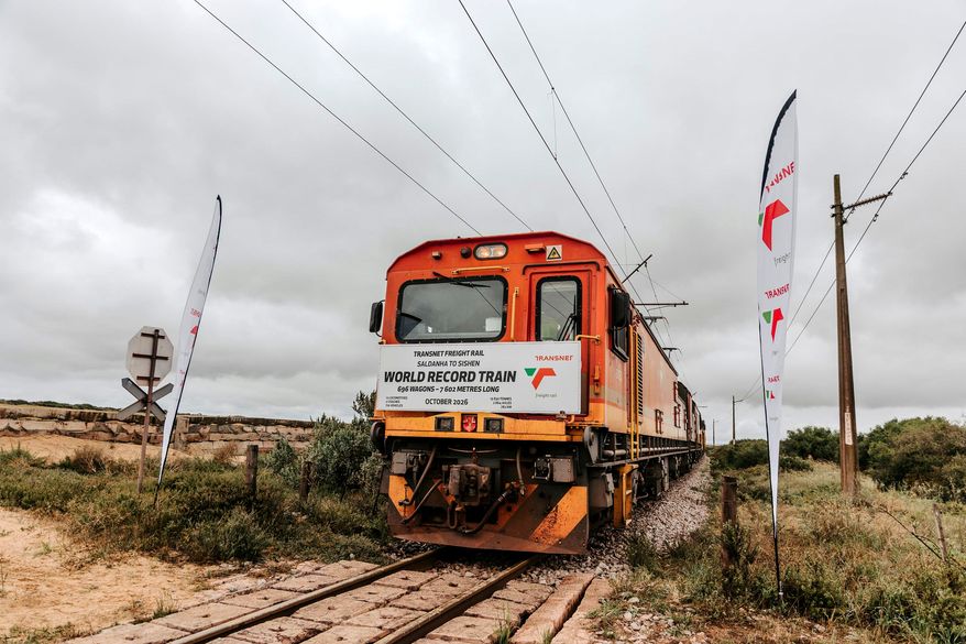 In this photo provided by the Transnet Freight Rail, a freight train that claims to be the longest in the world is seen in Saldanha Bay, South Africa, on Oct. 17, 2026. (Transnet Freight Rail via AP)
