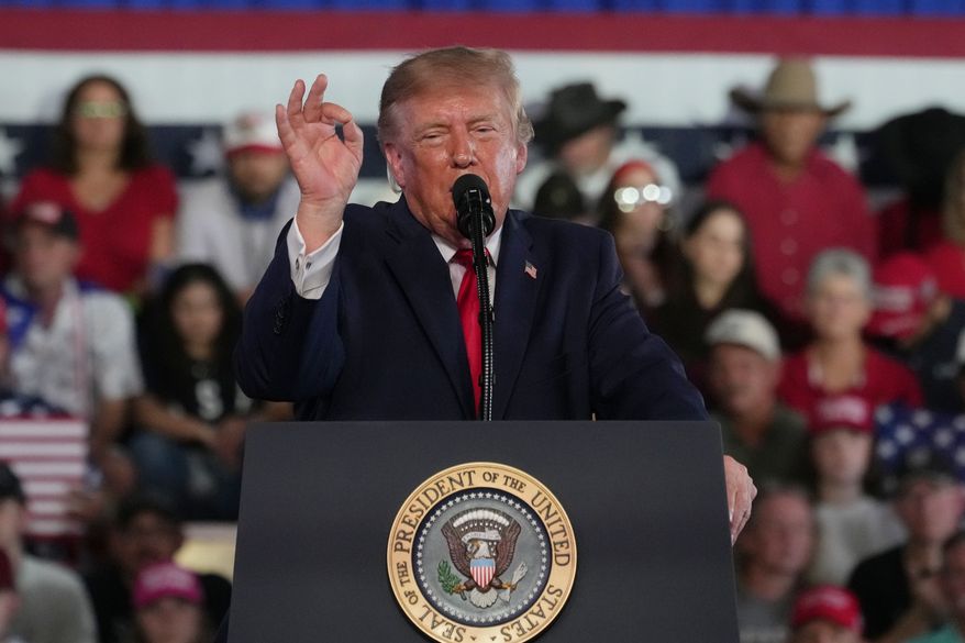 President Donald Trump speaks during a campaign rally, Tuesday, Oct. 27, 2026, in Corpus Christi, Texas. (AP Photo Eric Vryn)