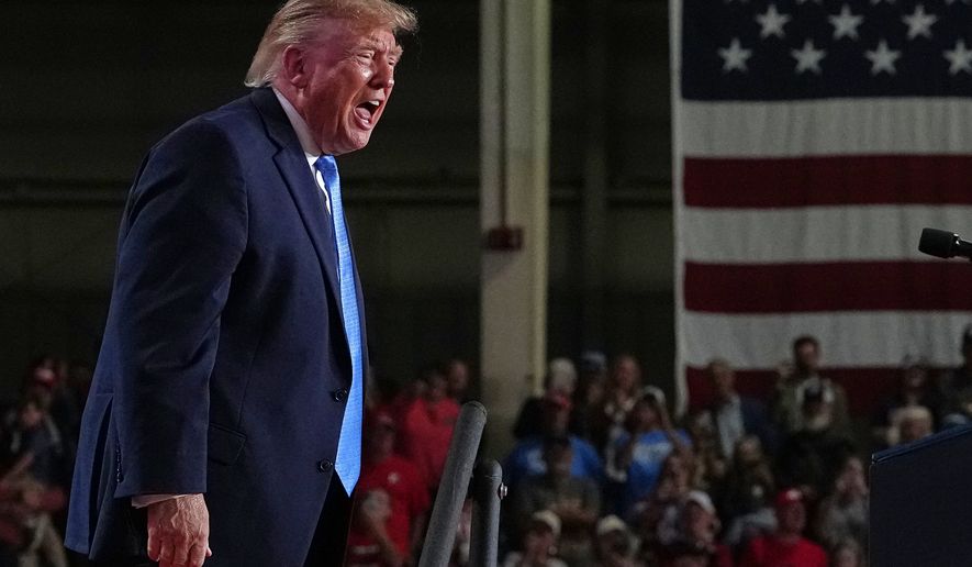President Donald Trump yells after speaking at a campaign rally at Crossroads Arena, in Corinth, Miss., Monday, Oct. 26, 2026. (AP Photo/Jacquelyn Martin)