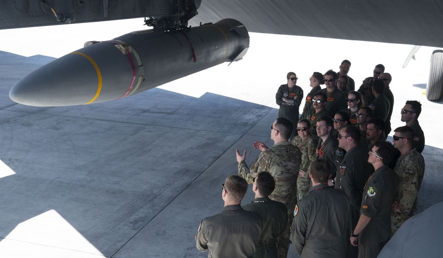 B-52 Stratofortress crews from the 23rd Expeditionary Bomb Squadron, Minot Air Force Base, North Dakota, and the 49th Test and Evaluation Squadron, Barksdale Air Force Base, Louisiana, participated in hypersonic weapon familiarization training at Andersen Air Force Base, Guam, Feb. 27, 2024. The Department of War is developing hypersonic science and technology to ensure the U.S. can rapidly transition operational hypersonic systems. (Credit: U.S. Air Force photo by Staff Sgt. Pedro Tenorio)