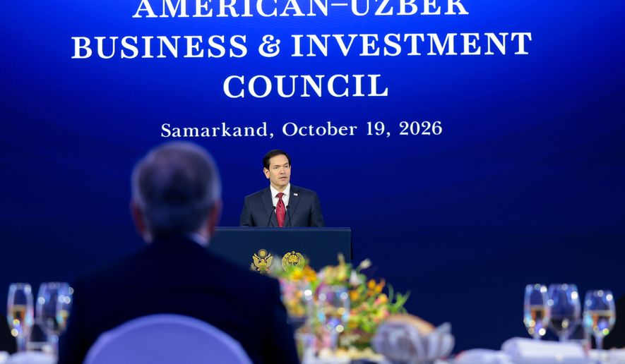 U.S. Secretary of State Marco Rubio speaks at a dinner with the American-Uzbek Business and Investment Council (AUBIC) at the Congress Center in Samarkand, Uzbekistan, Monday, Oct. 19, 2026. (Kylie Cooper/Pool Photo via AP)
