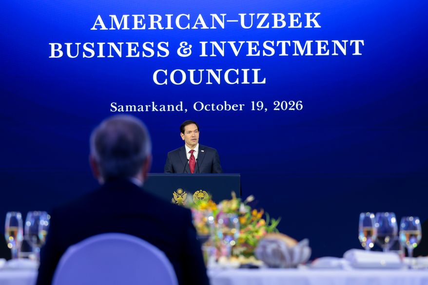 U.S. Secretary of State Marco Rubio speaks at a dinner with the American-Uzbek Business and Investment Council (AUBIC) at the Congress Center in Samarkand, Uzbekistan, Monday, Oct. 19, 2026. (Kylie Cooper/Pool Photo via AP)