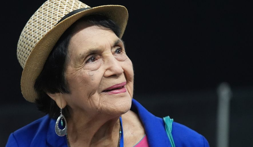 FILE - Dolores Huerta, the labor leader, civil rights activist and co-founder of the National Farm Workers Association, is seen at the California Democratic Party's 2025 State Convention at the Anaheim Convention Center in Anaheim, Calif., May 31, 2025. (AP Photo/Damian Dovarganes, File)
