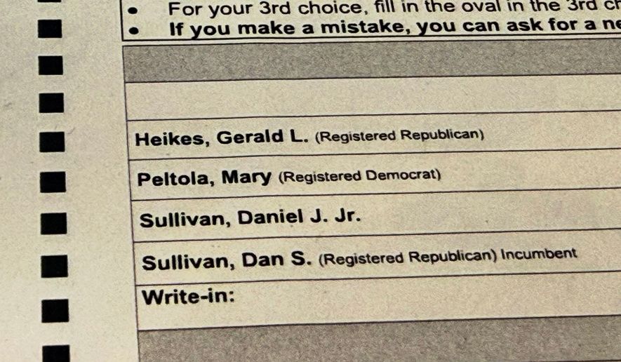 A sample election ballot is displayed in Anchorage, Alaska, on Friday, Oct. 23, 2026. (AP Photo/Haven Daley)