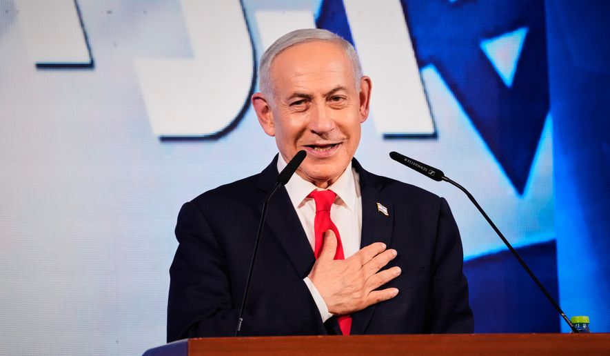 Israeli Prime Minister Benjamin Netanyahu speaks to his supporters at Likud party headquarters in Jerusalem after the release of the first exit poll results in Israel's general election, Wednesday, Oct. 28, 2026. (AP Photo/Ohad Zwigenberg)