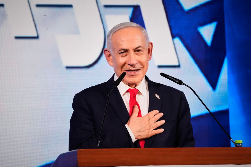 Israeli Prime Minister Benjamin Netanyahu speaks to his supporters at Likud party headquarters in Jerusalem after the release of the first exit poll results in Israel's general election, Wednesday, Oct. 28, 2026. (AP Photo/Ohad Zwigenberg)