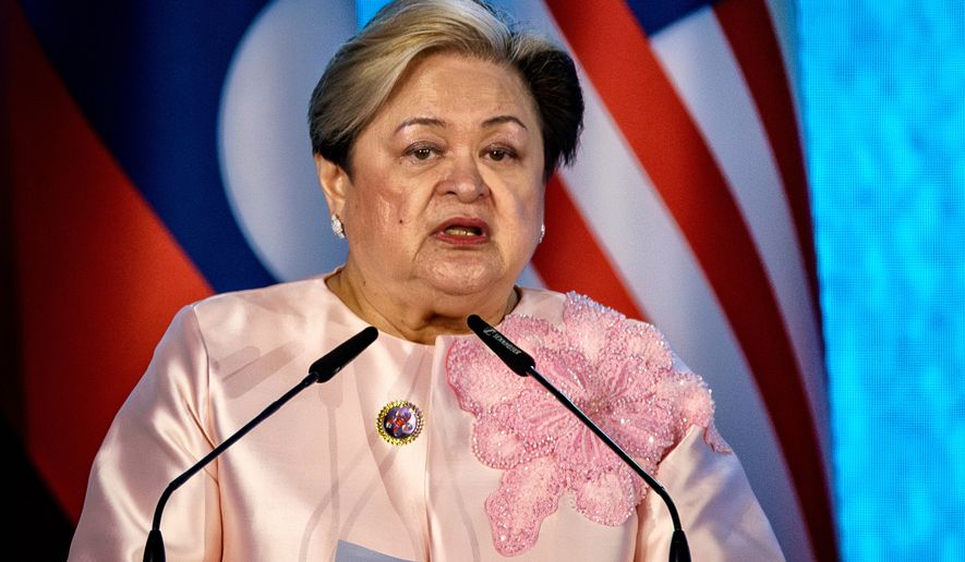 FILE - Philippines Foreign Secretary Theresa Lazaro speaks during the signing ceremony for the Treaty of Amity and Cooperation in Southeast Asia (TAC), part of the Association of Southeast Asian Nations (ASEAN) Foreign Ministers' Meeting in Pasay, Metro Manila, Philippines Friday, July 24, 2026. (Ezra Acayan/Pool Photo via AP, File)