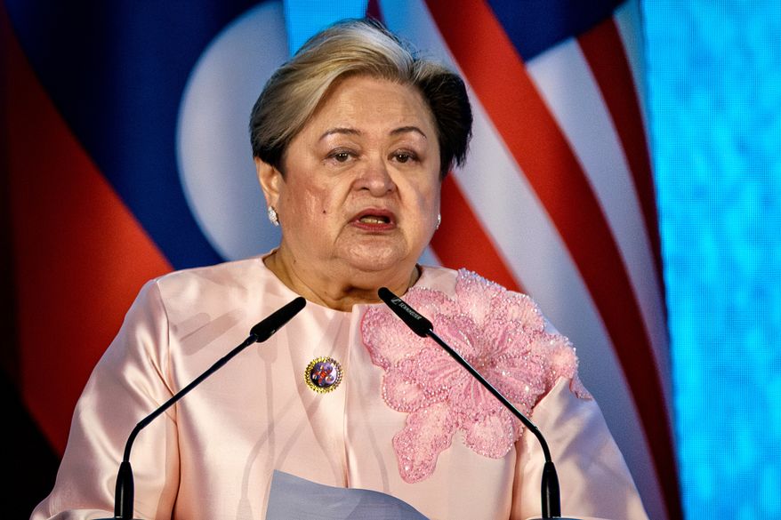 FILE - Philippines Foreign Secretary Theresa Lazaro speaks during the signing ceremony for the Treaty of Amity and Cooperation in Southeast Asia (TAC), part of the Association of Southeast Asian Nations (ASEAN) Foreign Ministers' Meeting in Pasay, Metro Manila, Philippines Friday, July 24, 2026. (Ezra Acayan/Pool Photo via AP, File)