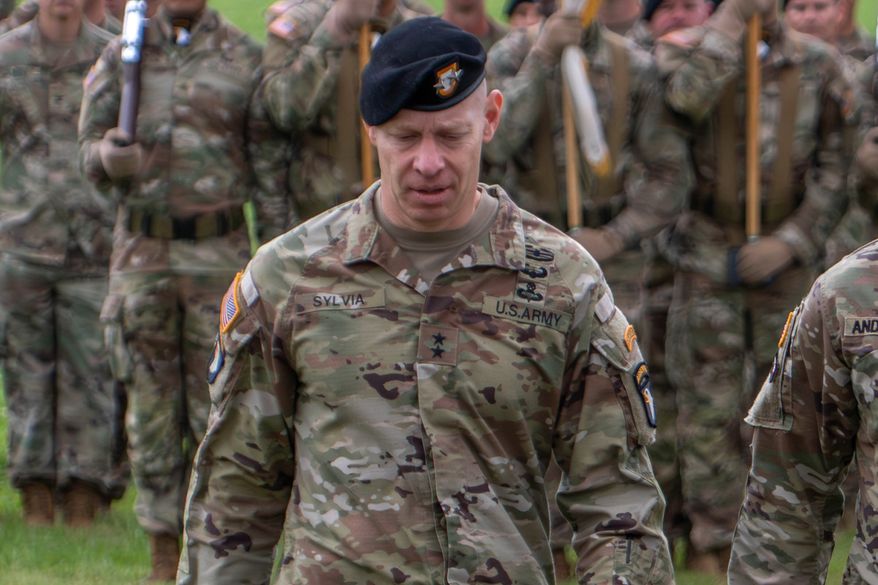 This photo provided by the U.S. Army shows Maj. Gen. Brett Sylvia, at a 101st Airborne Division change of command ceremony at Fort Campbell, Ky., May 30, 2025. (Sgt. Timothy Jackson/U.S Army via AP)