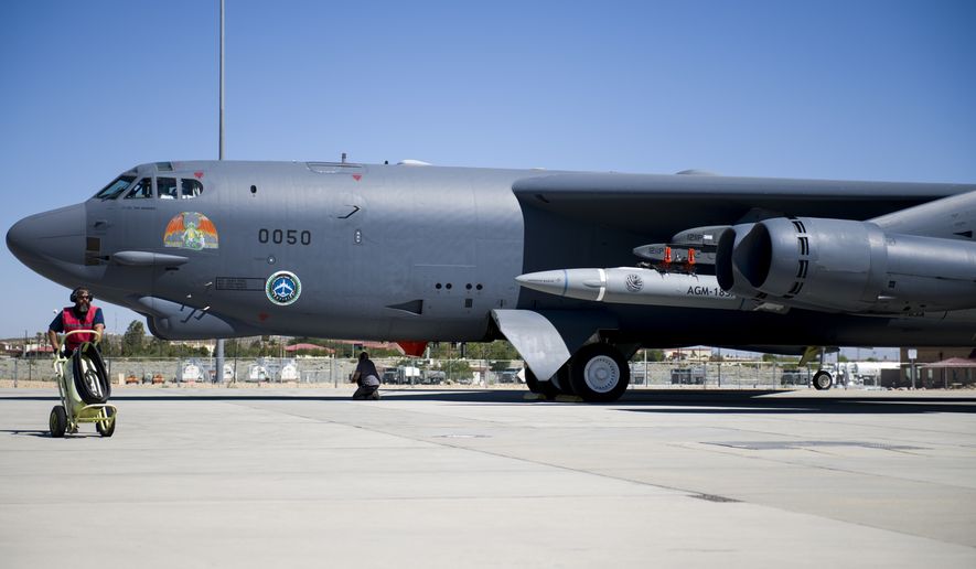 A B-52H Stratofortress assigned to the 419th Flight Test Squadron is undergoes pre-flight procedures at Edwards Air Force Base, California, Aug. 8. The aircraft conducted a captive-carry flight test of the AGM-183A Air-launched Rapid Response Weapon Instrumented Measurement Vehicle 2 at the Point Mugu Sea Range off the Southern California coast. (Air Force photo by Giancarlo Casem)