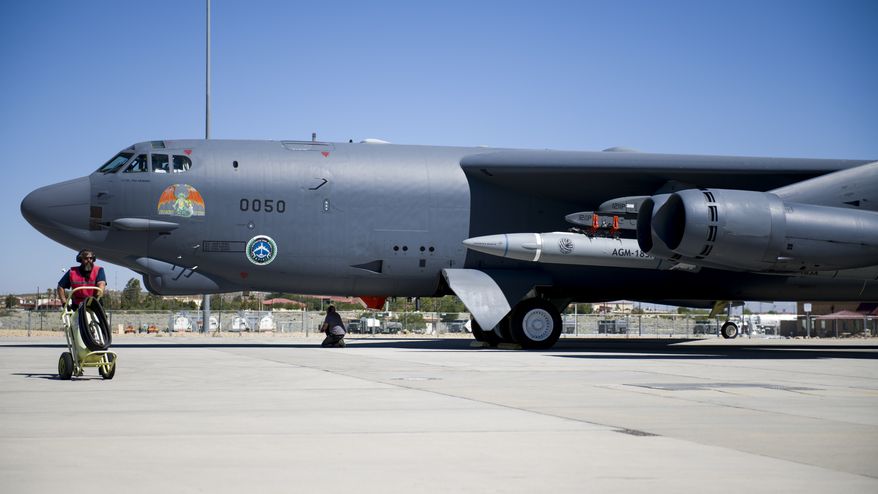 A B-52H Stratofortress assigned to the 419th Flight Test Squadron is undergoes pre-flight procedures at Edwards Air Force Base, California, Aug. 8. The aircraft conducted a captive-carry flight test of the AGM-183A Air-launched Rapid Response Weapon Instrumented Measurement Vehicle 2 at the Point Mugu Sea Range off the Southern California coast. (Air Force photo by Giancarlo Casem)