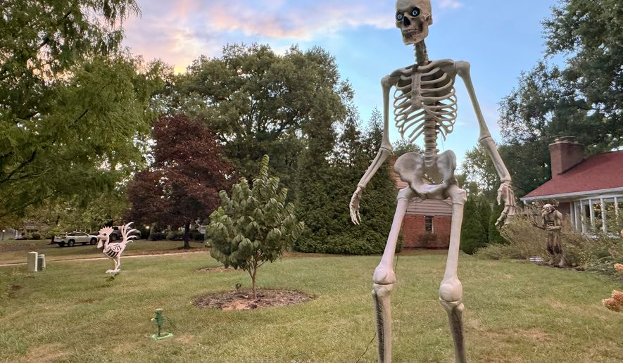 A 12-foot Home Depot skeleton stands in the front yard of a Cincinnati home on Sept. 24, 2024. (AP Photo/Sallee Ann Harrison, File)