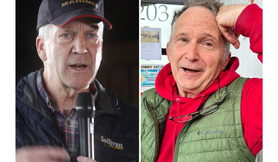 This combination photo shows Sen. Dan Sullivan, R-Alaska, left, in Palmer, Alaska, Aug. 17, 2026, and a candidate in Alaska's Senate race, Dan Sullivan, right, in Petersburg, Alaska, July 3, 2026. (AP Photos/Mark Thiessen/Becky Bohrer, File)