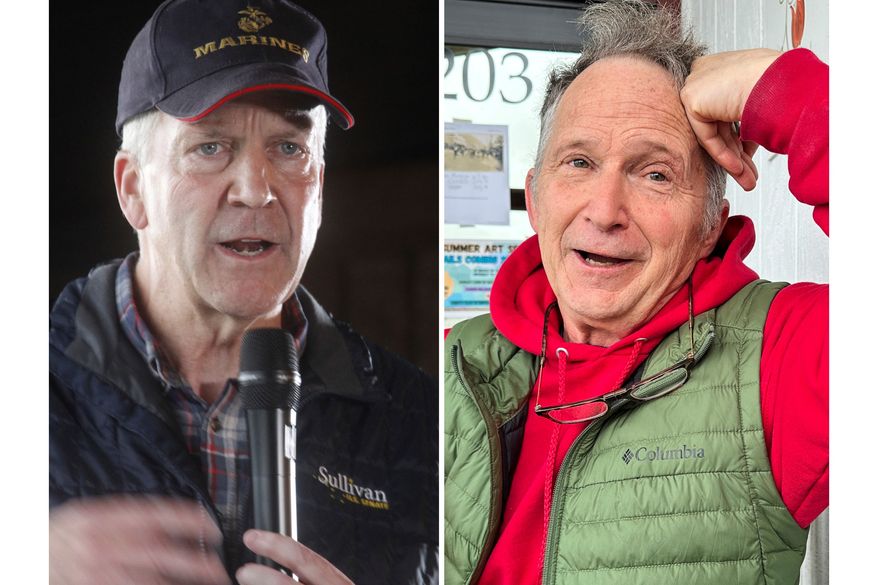 This combination photo shows Sen. Dan Sullivan, R-Alaska, left, in Palmer, Alaska, Aug. 17, 2026, and a candidate in Alaska's Senate race, Dan Sullivan, right, in Petersburg, Alaska, July 3, 2026. (AP Photos/Mark Thiessen/Becky Bohrer, File)