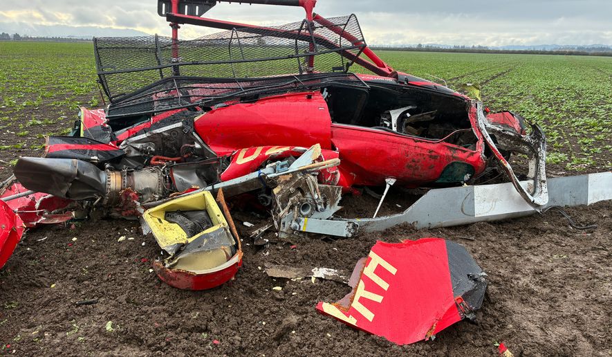 This photo released by the Yamhill County Sheriff's Office shows a damaged helicopter after two helicopters collided and crashed into a farm field in Yamhill County, Ore., Thursday, Oct. 29, 2026. (Yamhill County Sheriff's Office via AP)
