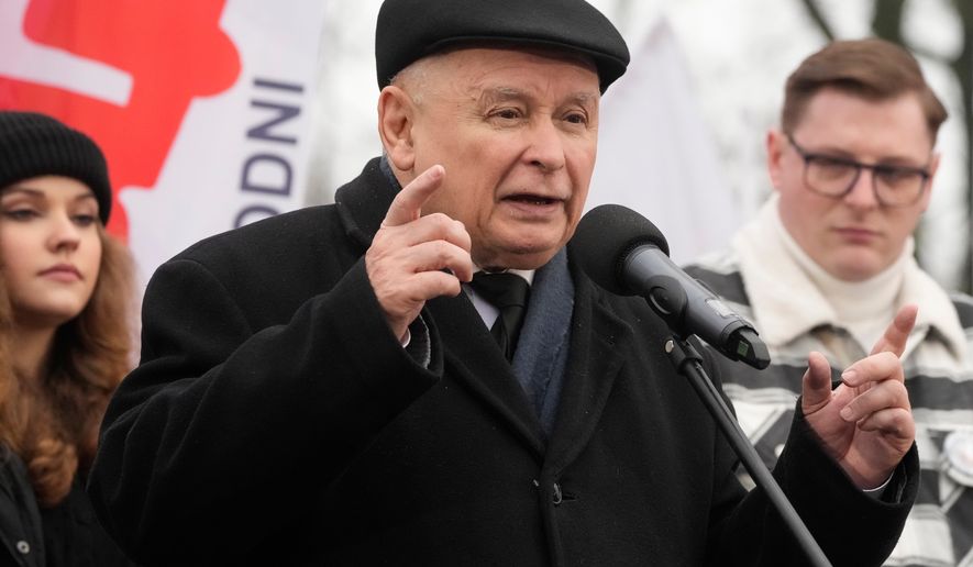 FILE - Jaroslaw Kaczynski, the head of the opposition conservative party Law and Justice, speaks to a crowd in Warsaw, Poland, on Feb. 10, 2024. (AP Photo/Czarek Sokolowski, File)