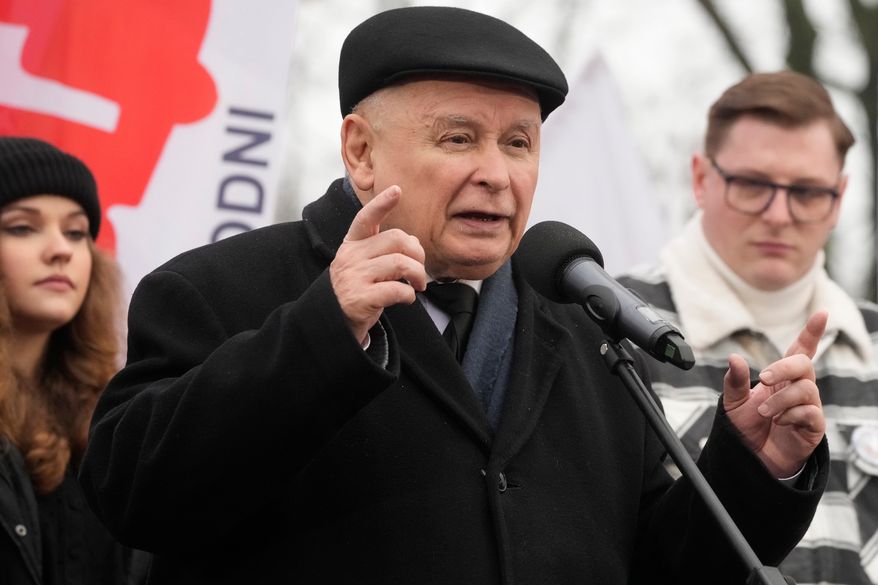 FILE - Jaroslaw Kaczynski, the head of the opposition conservative party Law and Justice, speaks to a crowd in Warsaw, Poland, on Feb. 10, 2024. (AP Photo/Czarek Sokolowski, File)
