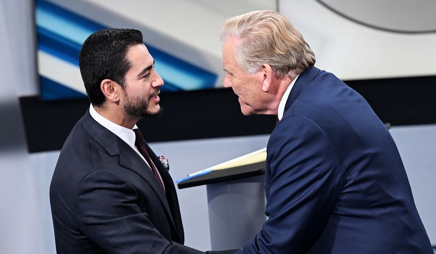 U.S. Senate candidates Democrat Abdul El-Sayed, left, and Republican Mike Rogers shake hands after the debate on Wednesday, Oct. 21, 2026 at WXYZ Channel 7 in Southfield, Mich. (Robin Buckson/Detroit News via AP, Pool)