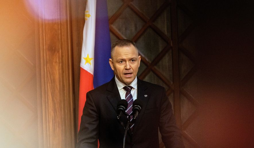 Polish President Karol Nawrocki speaks at Malacañang Palace in Manila, Philippines, Tuesday, Oct. 6, 2026. (Ezra Acayan/Pool Photo via AP)