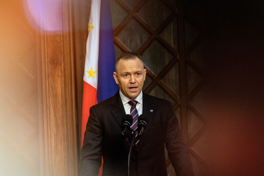 Polish President Karol Nawrocki speaks at Malacañang Palace in Manila, Philippines, Tuesday, Oct. 6, 2026. (Ezra Acayan/Pool Photo via AP)