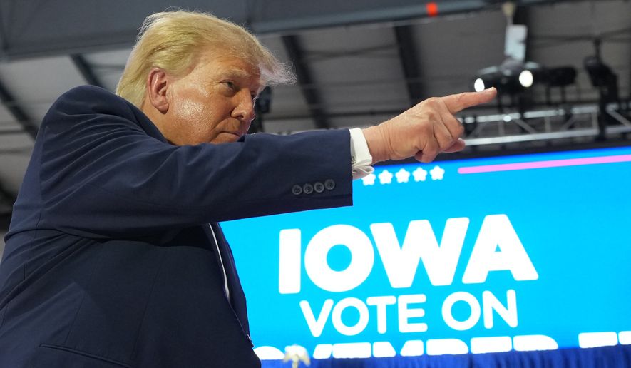 President Donald Trump gestures after speaking at a campaign rally at Sioux Gateway Airport, Thursday, Oct. 22, 2026, in Sioux City, Iowa. (AP Photo/Alex Brandon)