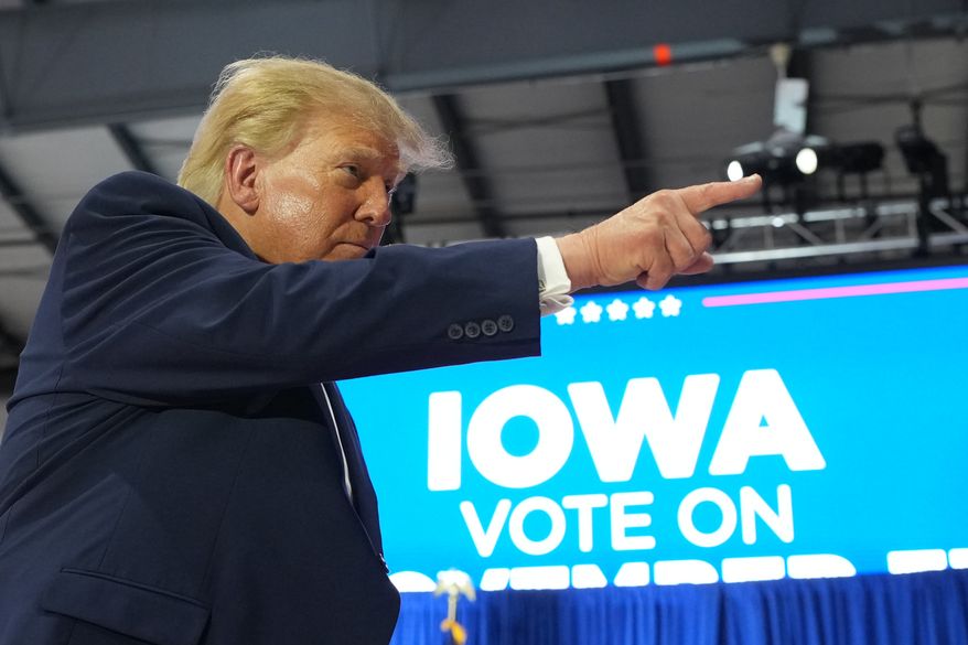 President Donald Trump gestures after speaking at a campaign rally at Sioux Gateway Airport, Thursday, Oct. 22, 2026, in Sioux City, Iowa. (AP Photo/Alex Brandon)