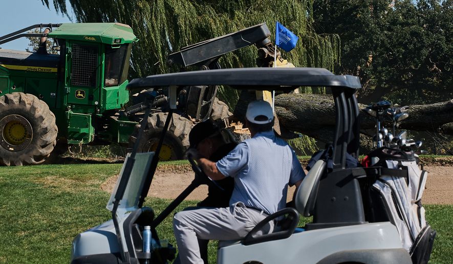 People drive a golf cart past ongoing tree removal at East Potomac Park Golf Course, Monday, Oct. 26, 2026, in Washington. (AP Photo/Julia Demaree Nikhinson)