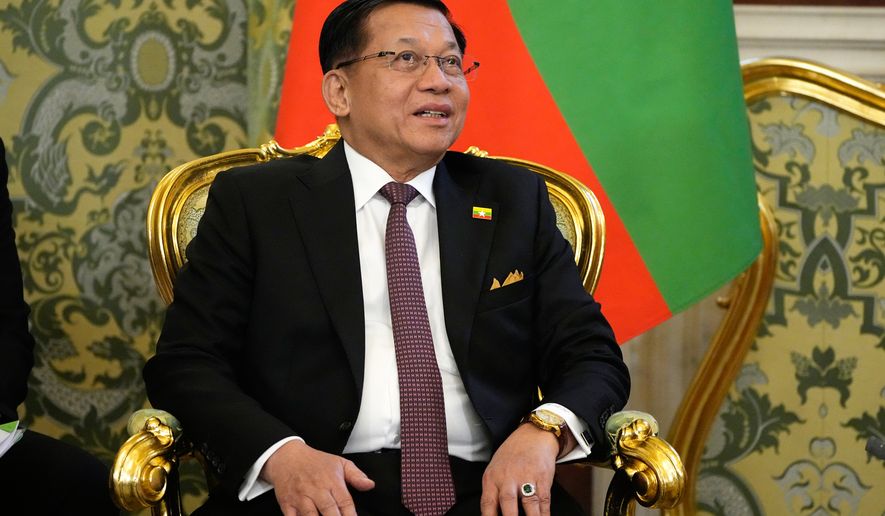 FILE - Myanmar President Min Aung Hlaing speaks during a meeting with Russian President Vladimir Putin at the Grand Kremlin Palace, in Moscow, Aug. 18, 2026. (AP Photo/Alexander Zemlianichenko, Pool, File)
