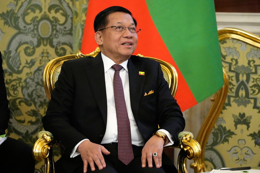 FILE - Myanmar President Min Aung Hlaing speaks during a meeting with Russian President Vladimir Putin at the Grand Kremlin Palace, in Moscow, Aug. 18, 2026. (AP Photo/Alexander Zemlianichenko, Pool, File)