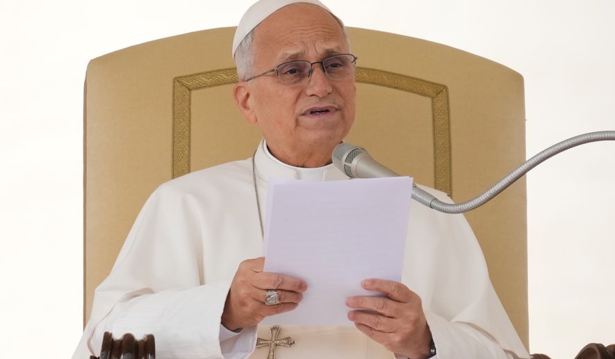 Pope Leo XIV holds his weekly general audience in St. Peter's Square at The Vatican, Wednesday, Oct. 28, 2026. (AP Photo/Gregorio Borgia)