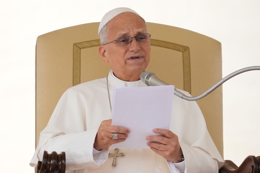 Pope Leo XIV holds his weekly general audience in St. Peter's Square at The Vatican, Wednesday, Oct. 28, 2026. (AP Photo/Gregorio Borgia)