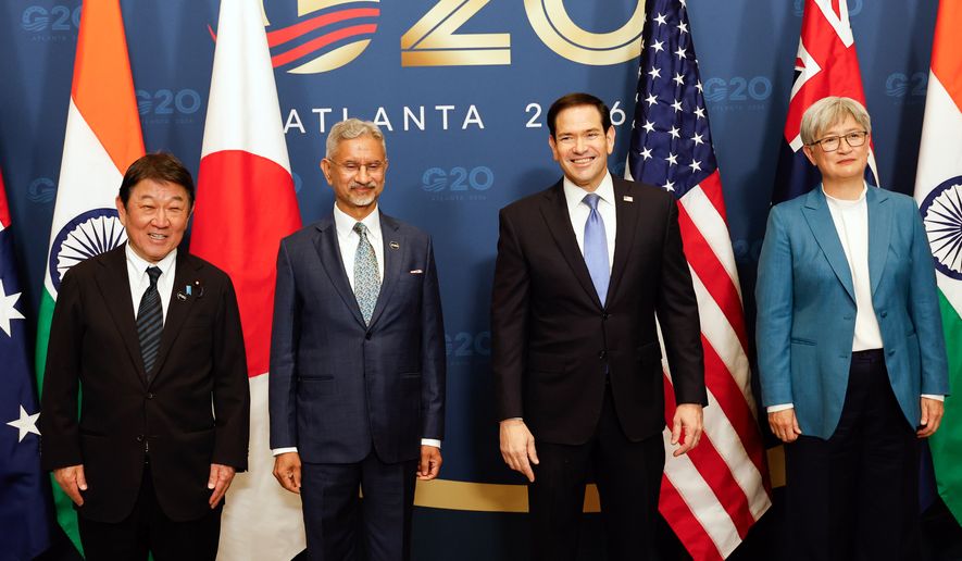 Left to right; Japan's Foreign Minister Toshimitsu Motegi, India's External Affairs Minister S. Jaishankar, Secretary of State Marco Rubio and Australia's Foreign Minister Penny Wong pose for photographs in the Quad Foreign Ministers Meeting on the sidelines of the G20 Foreign Ministers meeting in Atlanta, Saturday, Oct. 31, 2026. (Erik S. Lesser/Pool Photo via AP)