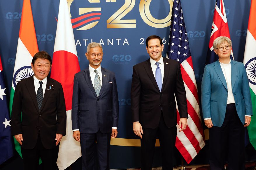 Left to right; Japan's Foreign Minister Toshimitsu Motegi, India's External Affairs Minister S. Jaishankar, Secretary of State Marco Rubio and Australia's Foreign Minister Penny Wong pose for photographs in the Quad Foreign Ministers Meeting on the sidelines of the G20 Foreign Ministers meeting in Atlanta, Saturday, Oct. 31, 2026. (Erik S. Lesser/Pool Photo via AP)