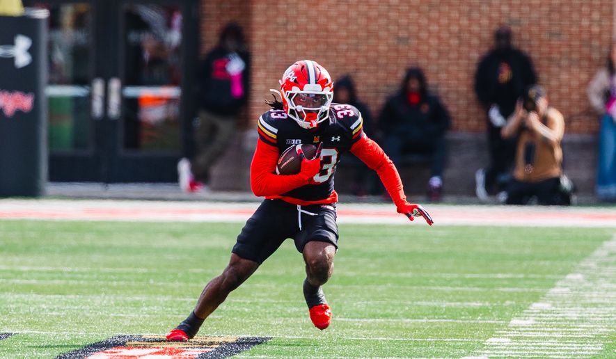 Maryland Terrapins safety Messiah Delhomme returns an interception of quarterback Katin Houser during a game against the Illinois Fighting Illini, Saturday, Oct. 31, 2026, in College Park, Md. (All-Pro Reels).